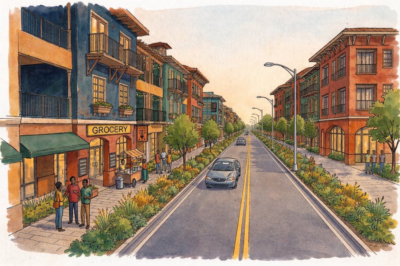 NW 27th Ave corridor vision — mixed-use, ground-floor retail, street trees